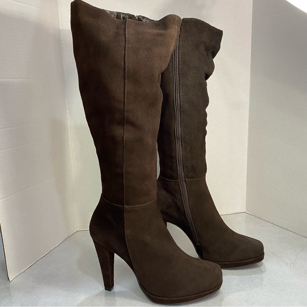 Romantic Soles Leather Tall Heeled Boots Brown Plush Lined Platform Zip Size 9M